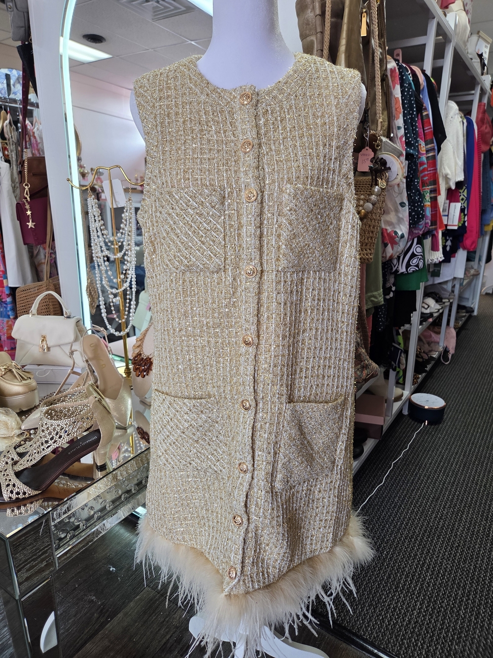 Anthropologie Gold Tweed Mini Dress with Feather Trim - Picture 1 of 8